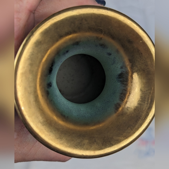 Vintage Mid-Century Fohr Keramic 320-0 Vase Turquoise Black Lava Glaze Gold Ger - Picture 7 of 9